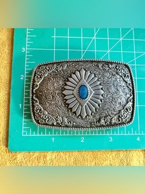 Ornate Western-Style Belt Buckle with Blue Stone Accent